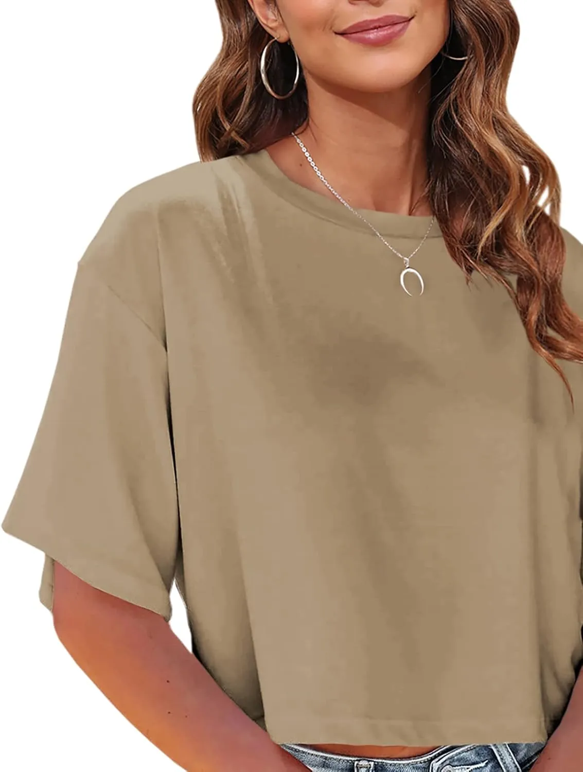 Tankaneo Women Half Sleeve Cropped T-Shirts Drop Shoulder Round Neck Crop Tops Casual Summer Solid Color Basic Tees
