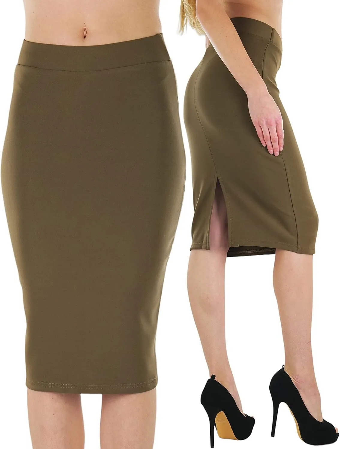 ToBeInStyle Womens Solid Color Flirty Back Slit Professional Formal Pencil Skirt