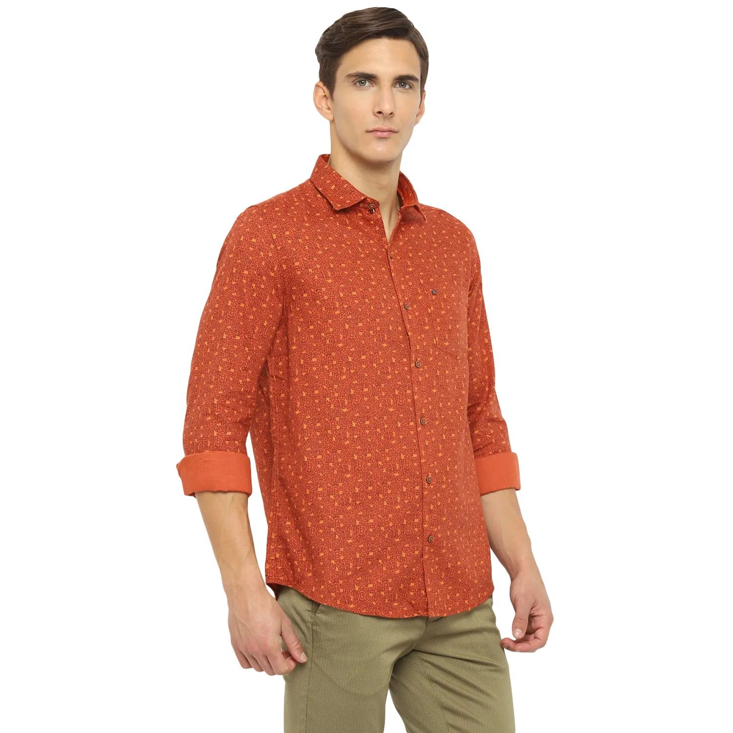 Turtle Men Orange Cotton Printed Slim Fit Shirts