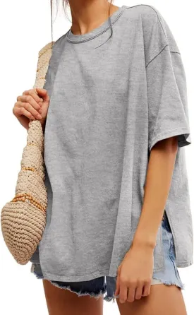 UNCLECAT Womens Oversized T Shirts Summer Trendy Short Sleeve Crew Neck Tops Loose Fit Side Slit Tee