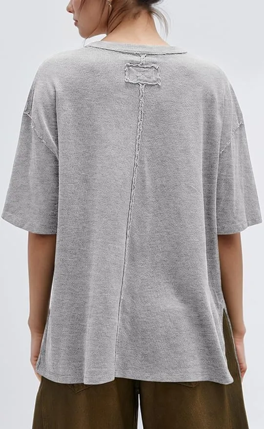 UNCLECAT Womens Oversized T Shirts Summer Trendy Short Sleeve Crew Neck Tops Loose Fit Side Slit Tee
