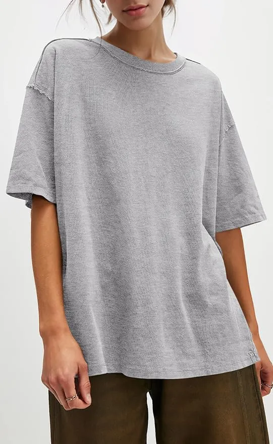 UNCLECAT Womens Oversized T Shirts Summer Trendy Short Sleeve Crew Neck Tops Loose Fit Side Slit Tee