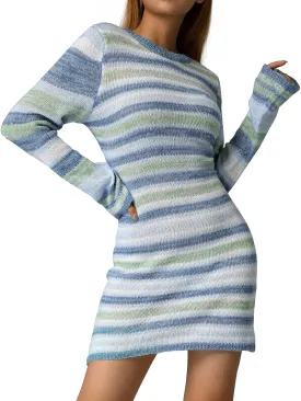 Women Crochet Knit Mini Dress Long Sleeve Colorful Mesh Cover Ups Casual Sweater Dress Summer Beach Wear