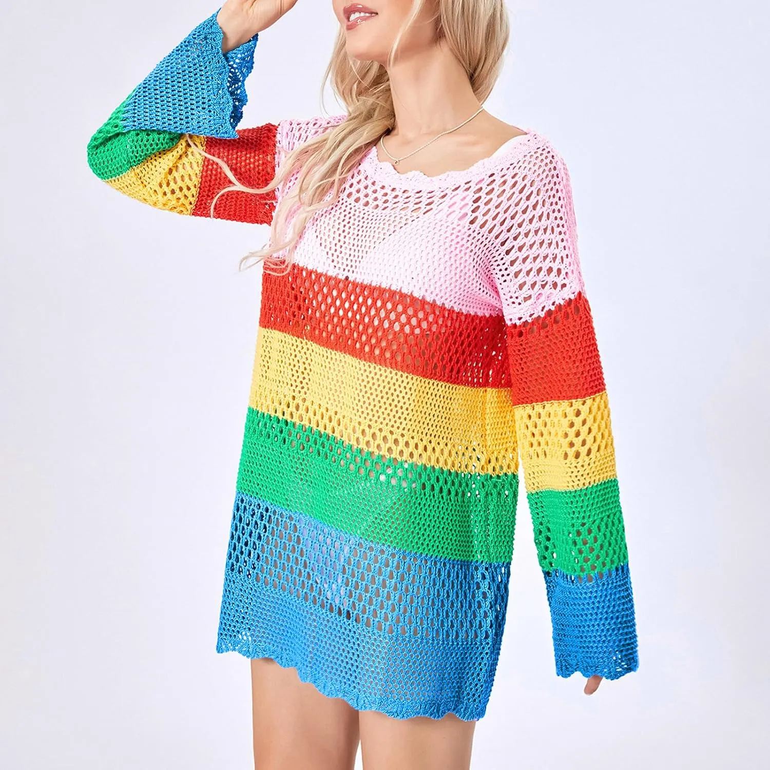 Women Crochet Knit Mini Dress Long Sleeve Colorful Mesh Cover Ups Casual Sweater Dress Summer Beach Wear