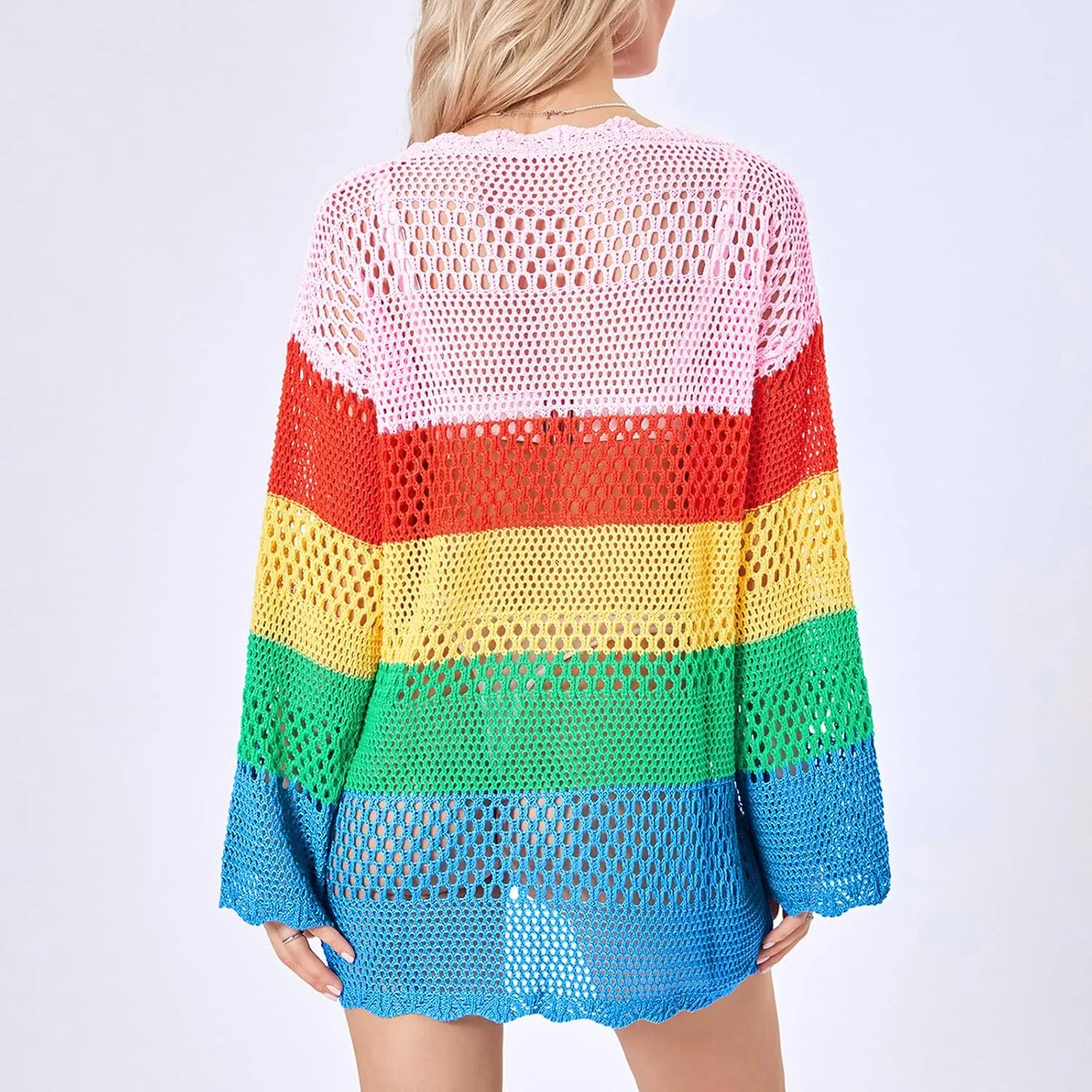 Women Crochet Knit Mini Dress Long Sleeve Colorful Mesh Cover Ups Casual Sweater Dress Summer Beach Wear