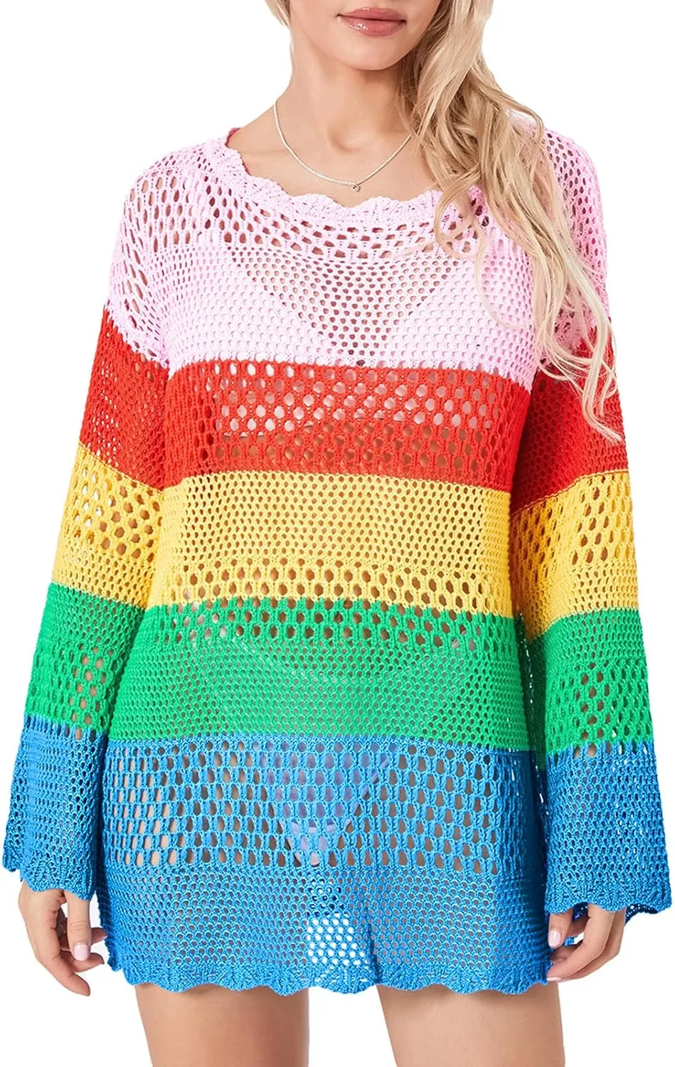 Women Crochet Knit Mini Dress Long Sleeve Colorful Mesh Cover Ups Casual Sweater Dress Summer Beach Wear