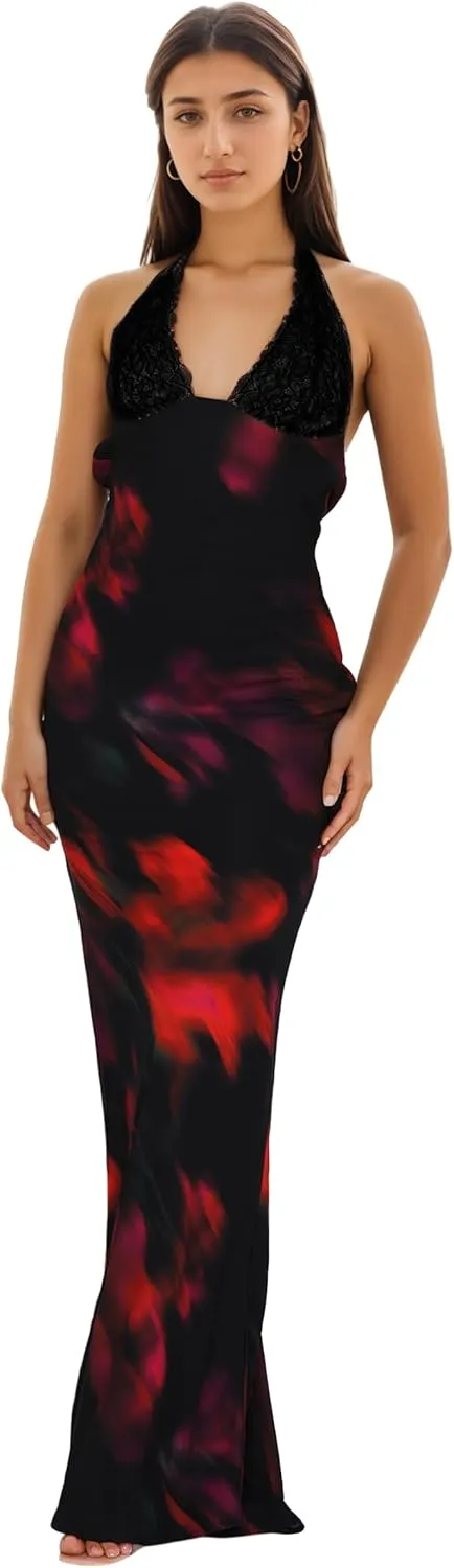 Women Sexy Backless Satin Maxi Dresses Spaghetti Strap Floral Print Dresses Slim Fit Elegant Night Party Outfits