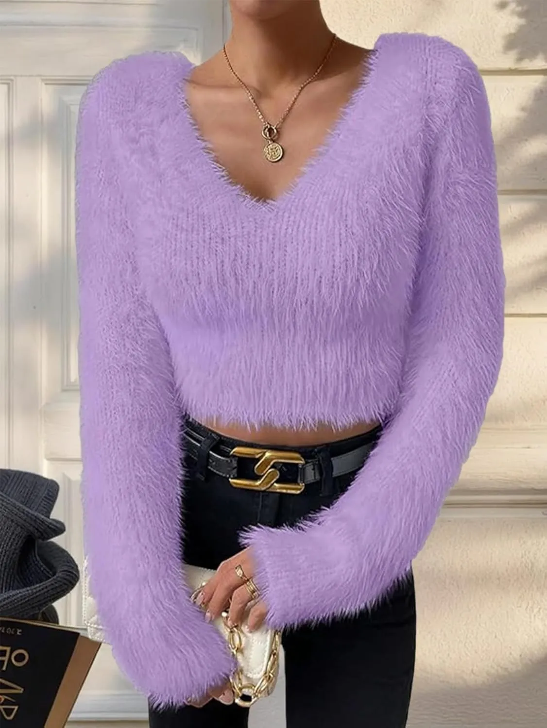 Women's Fuzzy Fluffy Long Sleeve V Neck Crop Sweater Casual Plain Slim Fit Warm Knitwear Sweater Tops