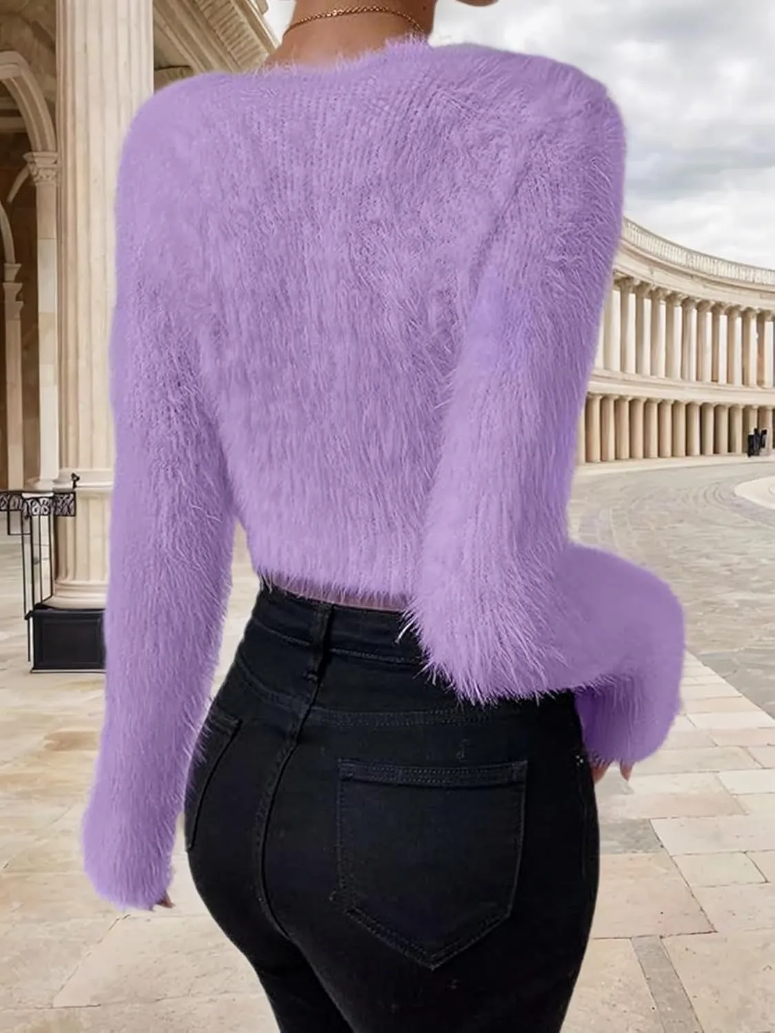 Women's Fuzzy Fluffy Long Sleeve V Neck Crop Sweater Casual Plain Slim Fit Warm Knitwear Sweater Tops