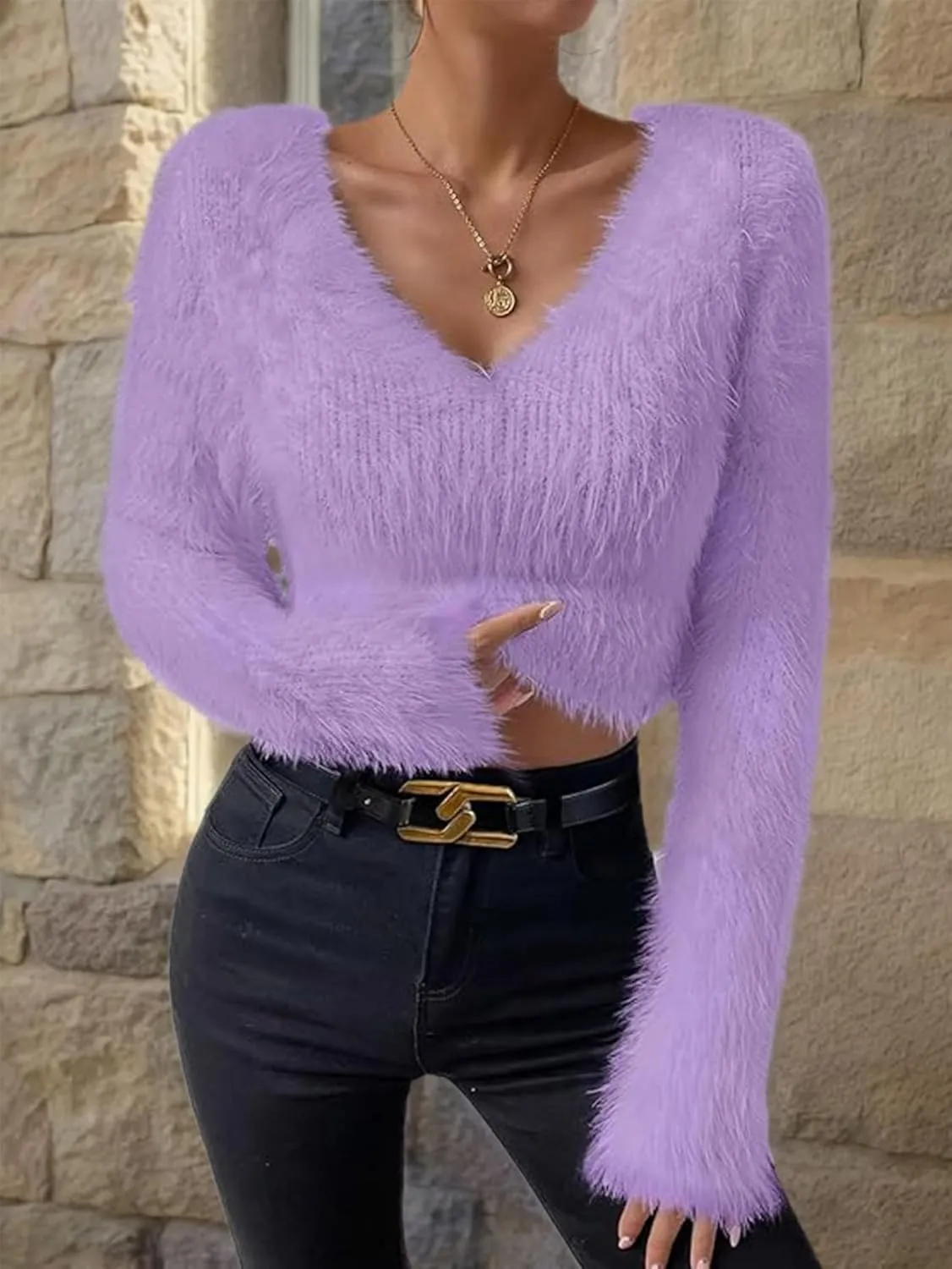 Women's Fuzzy Fluffy Long Sleeve V Neck Crop Sweater Casual Plain Slim Fit Warm Knitwear Sweater Tops