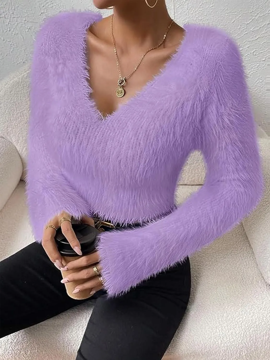 Women's Fuzzy Fluffy Long Sleeve V Neck Crop Sweater Casual Plain Slim Fit Warm Knitwear Sweater Tops