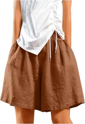 Womens Knee Length Bermuda Shorts Elastic Waist Wide Leg Casual 10" Long Shorts Loose Fit Summer Beach Shorts Pocket