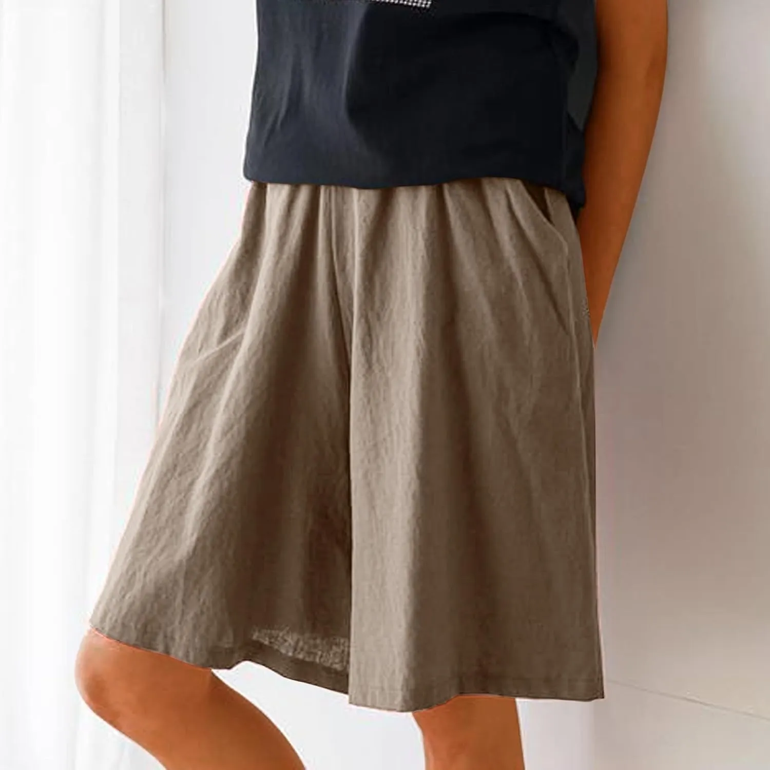 Womens Knee Length Bermuda Shorts Elastic Waist Wide Leg Casual 10" Long Shorts Loose Fit Summer Beach Shorts Pocket