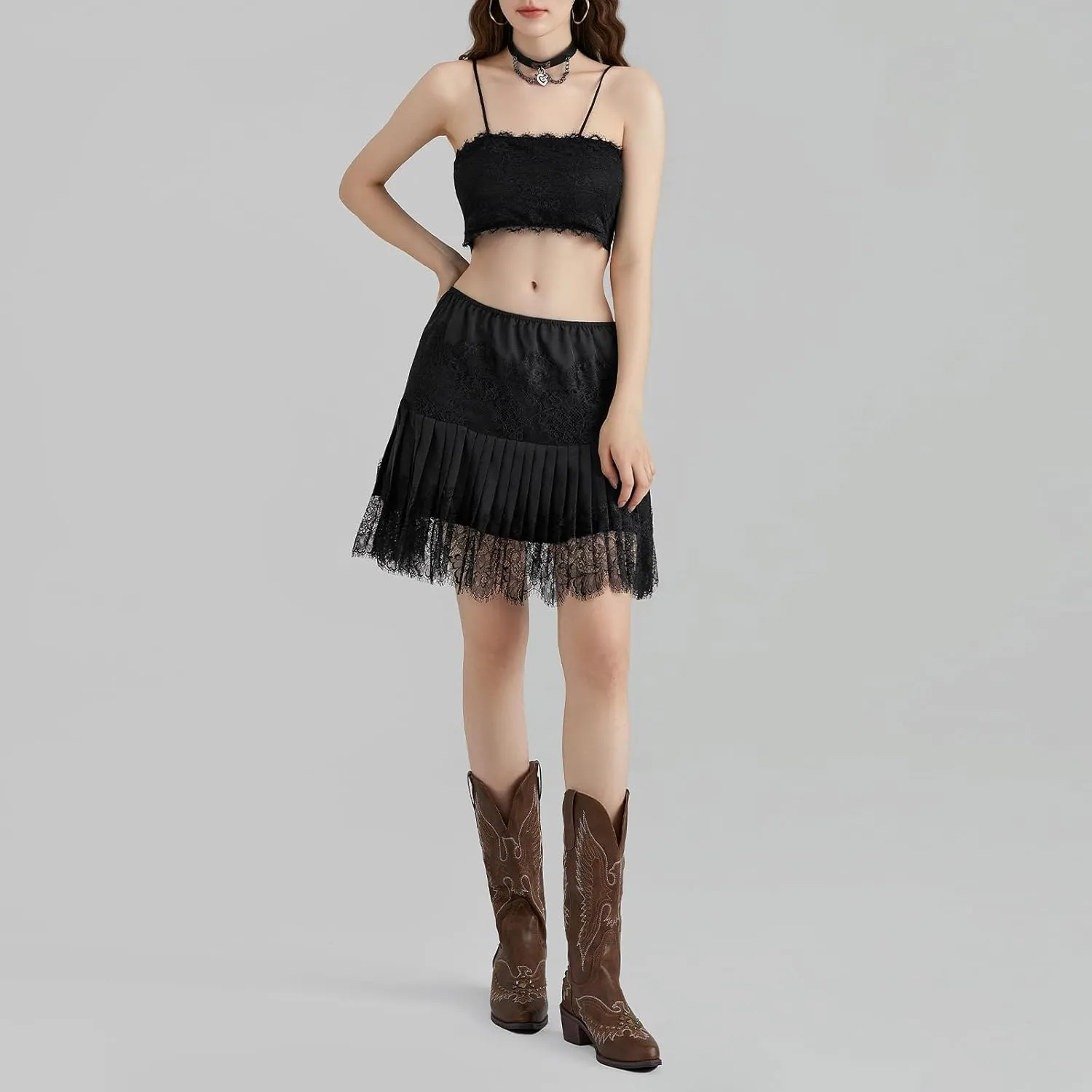 Women's Lace Half Slip Skirt Flowy Ruffle Pleated Mini Skirts Mesh Floral Tutu Y2k Boho Fairy Layered Short Skirts