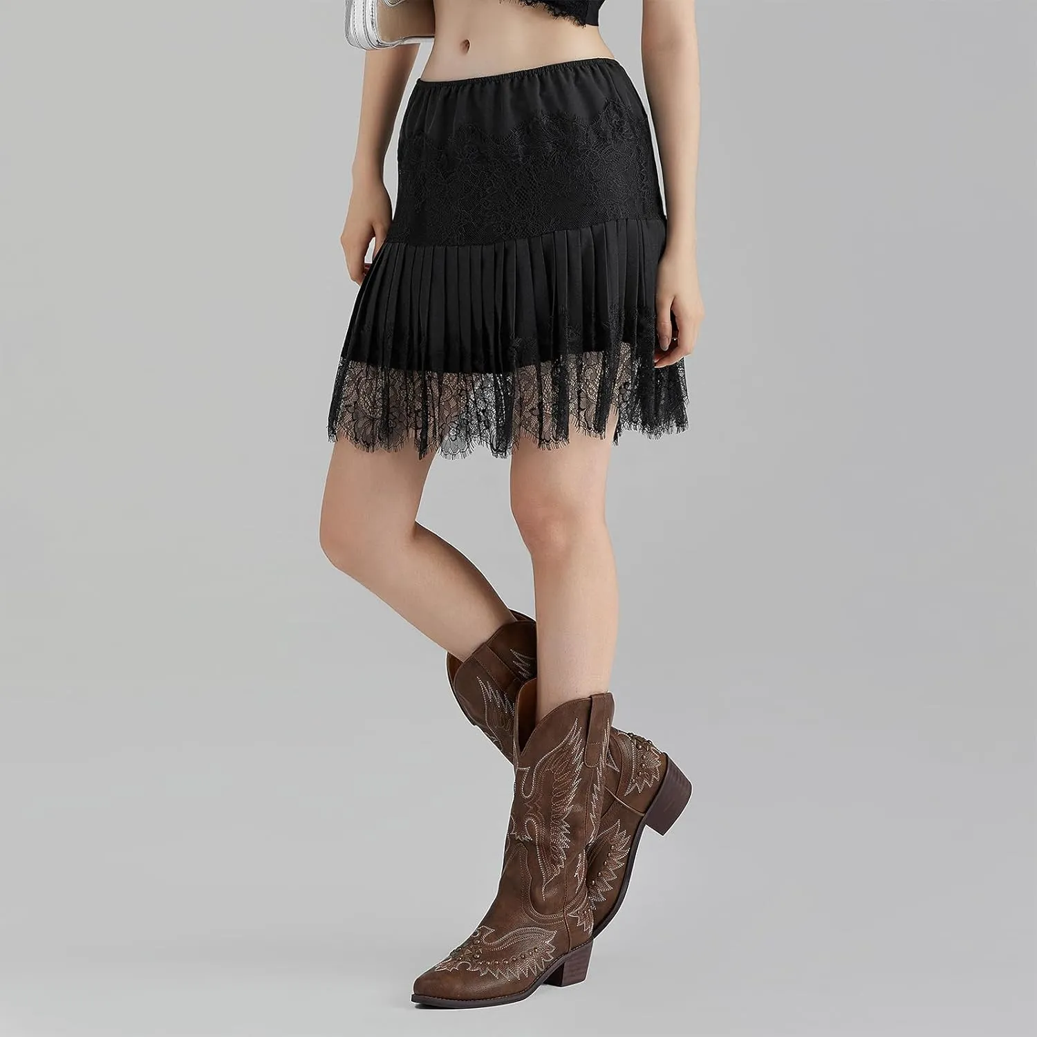 Women's Lace Half Slip Skirt Flowy Ruffle Pleated Mini Skirts Mesh Floral Tutu Y2k Boho Fairy Layered Short Skirts