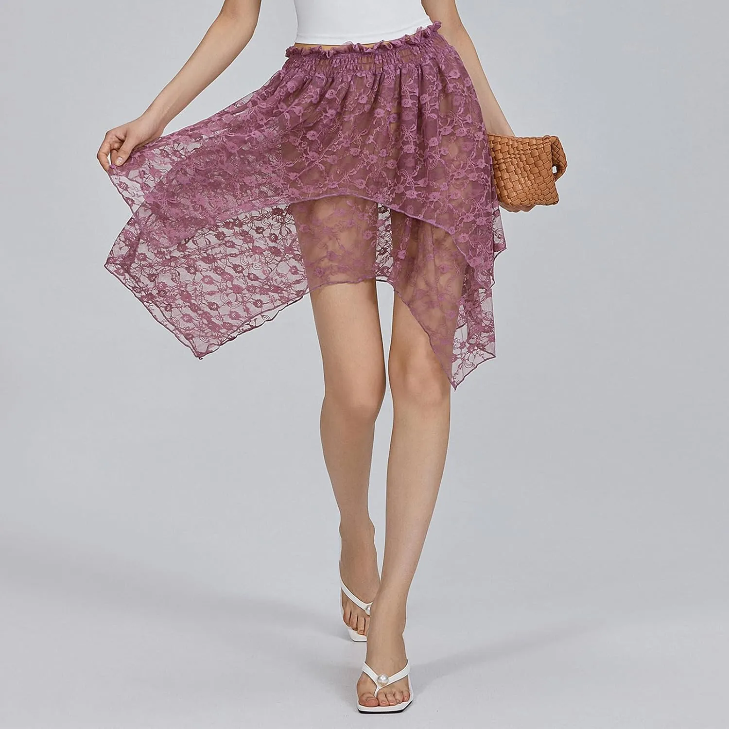 Women's Lace Half Slip Skirt Flowy Ruffle Pleated Mini Skirts Mesh Floral Tutu Y2k Boho Fairy Layered Short Skirts