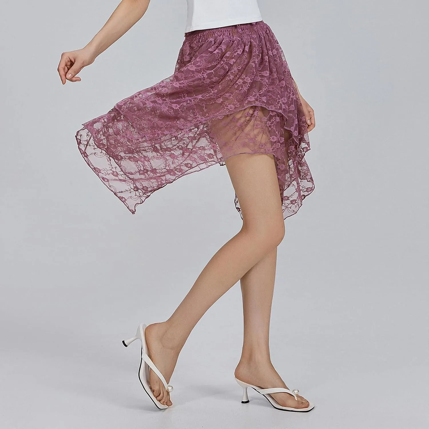 Women's Lace Half Slip Skirt Flowy Ruffle Pleated Mini Skirts Mesh Floral Tutu Y2k Boho Fairy Layered Short Skirts