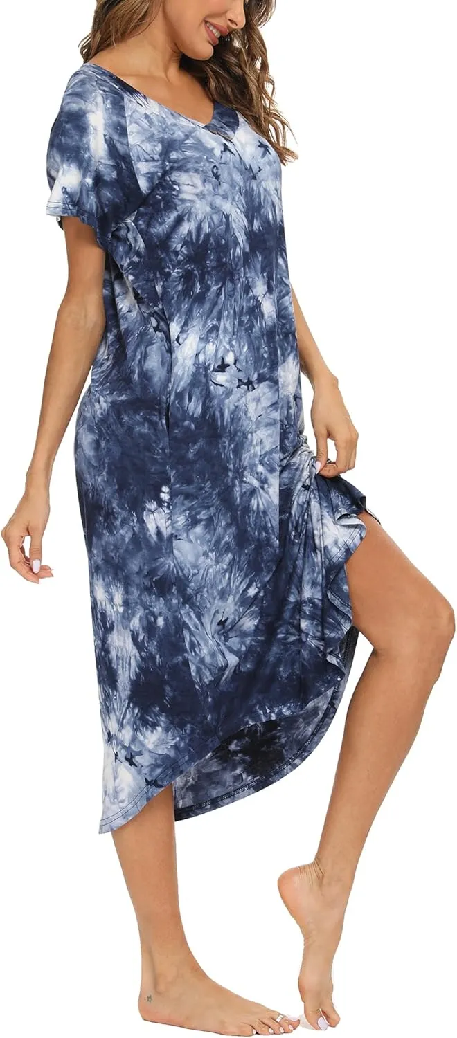 YOZLY Nightgowns for Women Short Sleeve Long Night Gowns Soft V Neck Sleepwear with Pockets