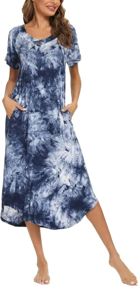 YOZLY Nightgowns for Women Short Sleeve Long Night Gowns Soft V Neck Sleepwear with Pockets