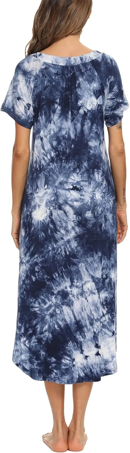 YOZLY Nightgowns for Women Short Sleeve Long Night Gowns Soft V Neck Sleepwear with Pockets