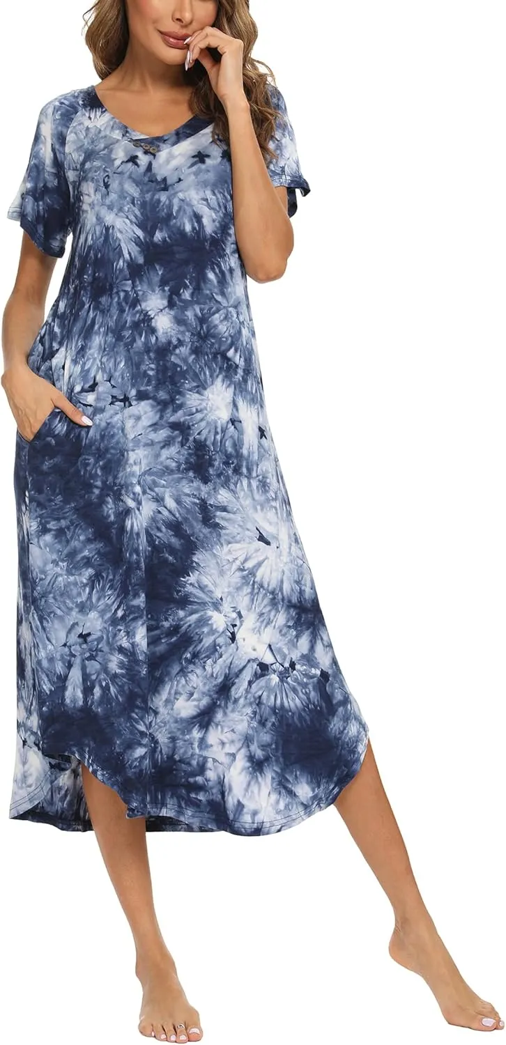 YOZLY Nightgowns for Women Short Sleeve Long Night Gowns Soft V Neck Sleepwear with Pockets