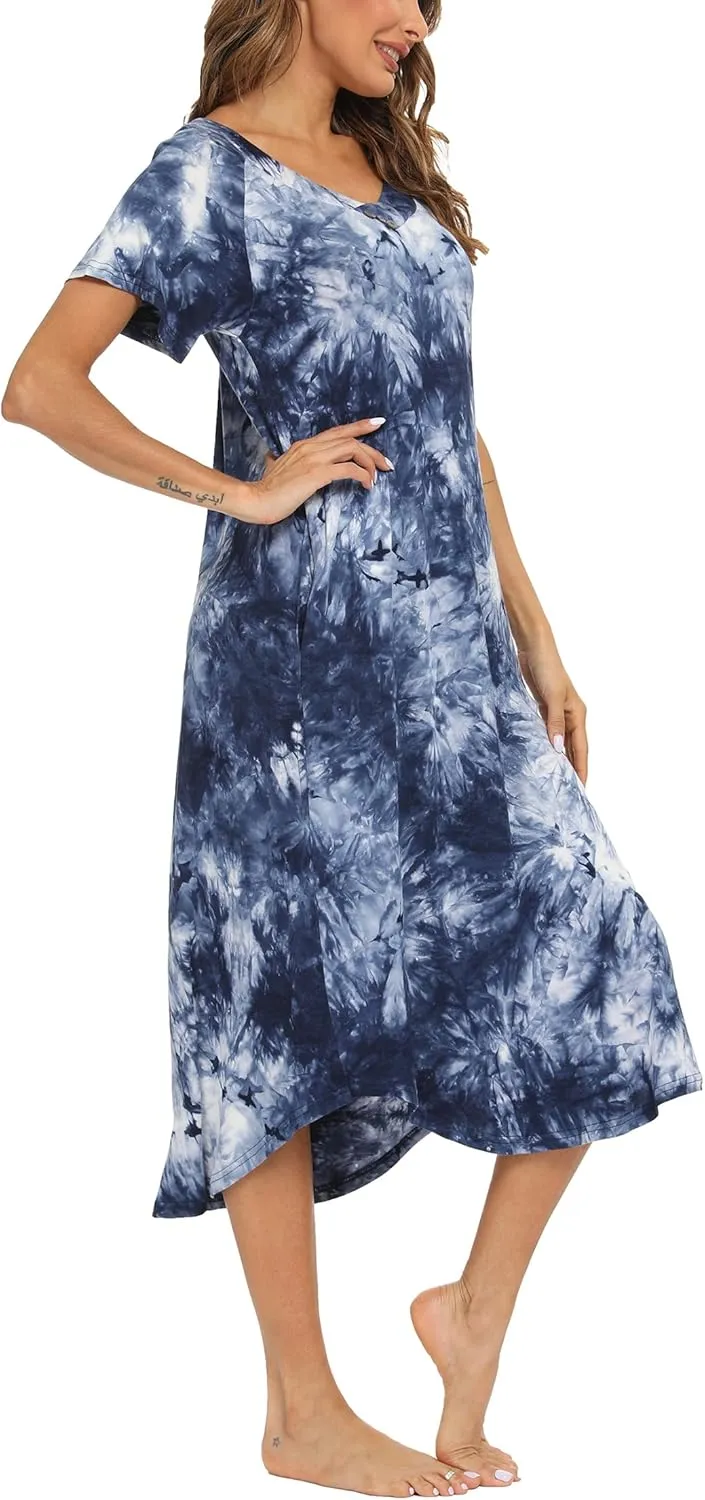 YOZLY Nightgowns for Women Short Sleeve Long Night Gowns Soft V Neck Sleepwear with Pockets